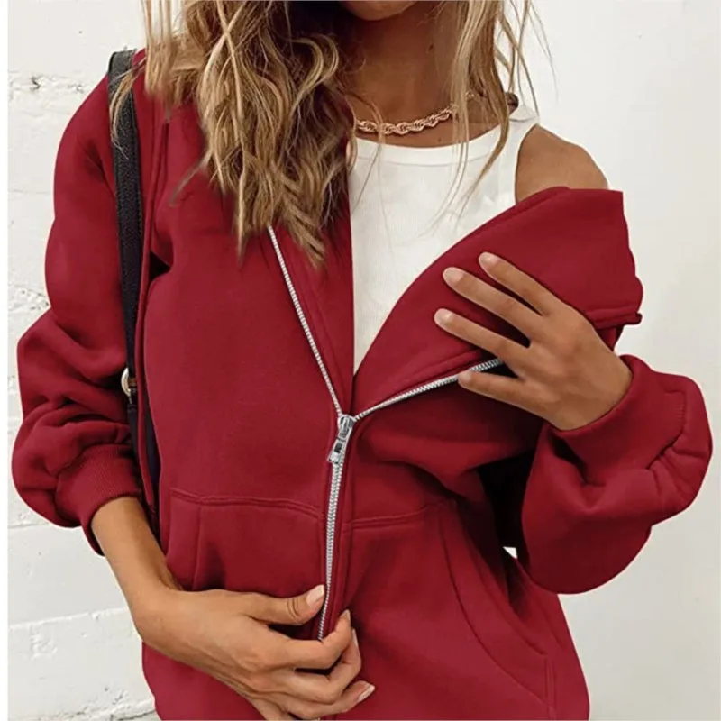 Daily Gray Zip Up Sweatshirt Women Autumn Winter Fashion Jacket Clothes Hoodies Pockets Long Sleeve Solid Versatile Lady Hoodies