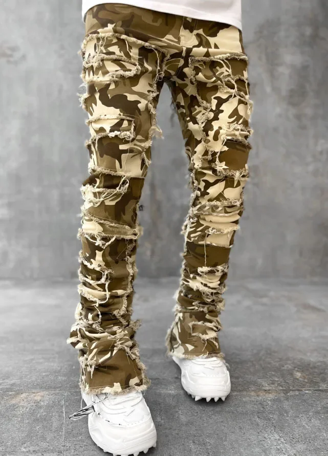 

New European Camo Pants Men High Street Slim Fit Stretch Patched Denim Ripped Male's Stacked Jeans