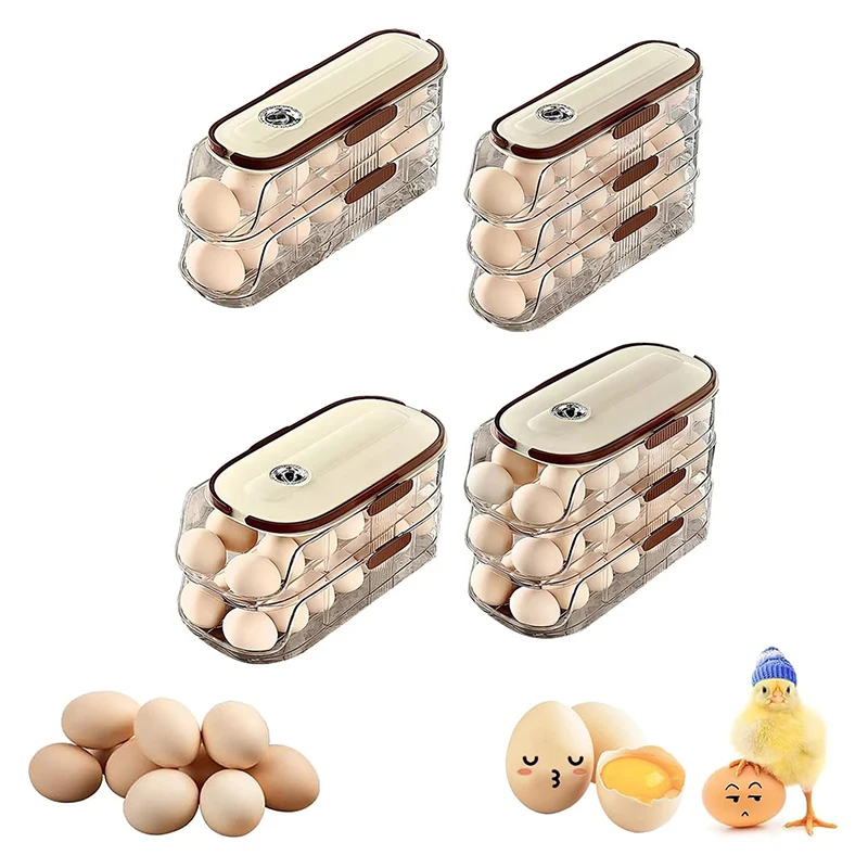 

Egg Holder For Refrigerator Automatic Rolling Storage Box Transparent Stackable Fridge Organizer With Lid For Kitchen