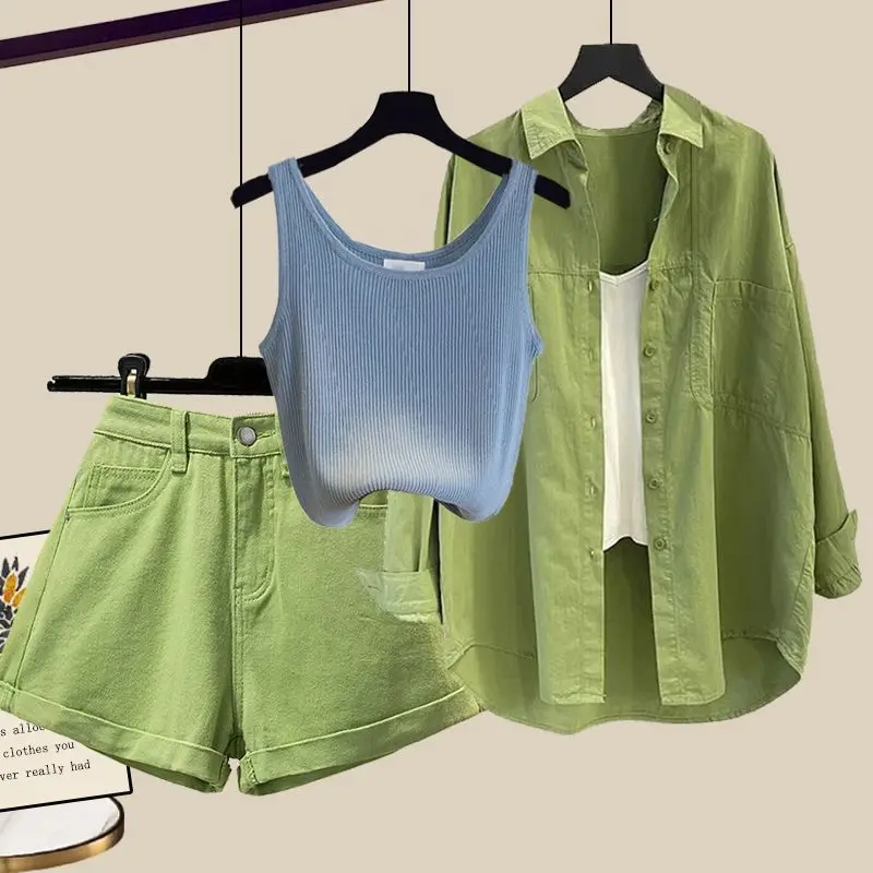 

Summer Anti-Uv Women's Fashion Set Short Pants Tank Top And Shirt Slimming Shorts Three-piece Set Anti-aging Cute Small Size
