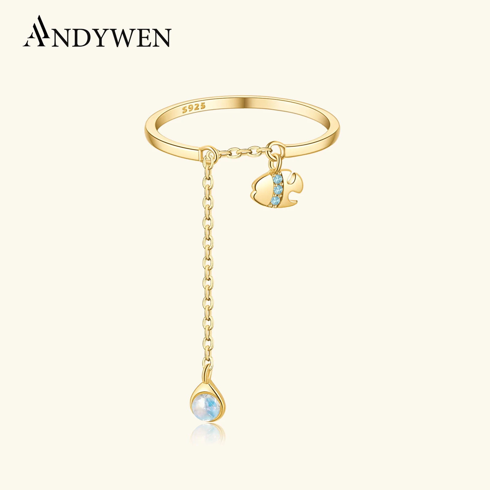 ANDYWEN 925 Sterling Silver Fish Light Blue Zircon Circle Moonstone Regulowany pierścionek Długi łańcuch Kobiety Drobna biżuteria ślubna Prezent