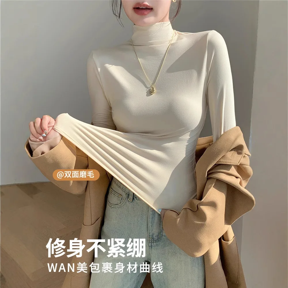 Women's Semi High Neck Base Shirt for Autumn and Winter New Style for Slimming Warm Lining German Velvet Long Sleeved T-shirt
