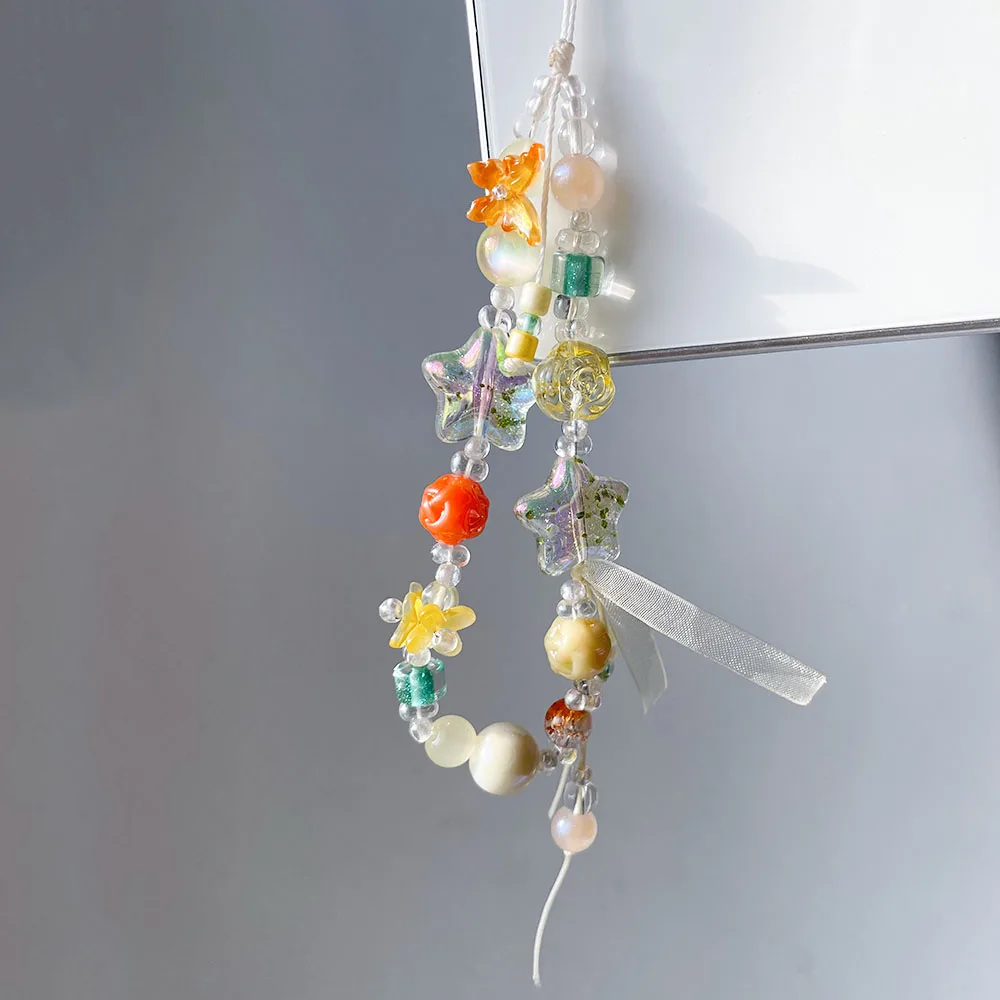 Star Phone Charm Strap Yellow Orange Red Pink Flower Beads Fairycore Lanyard for Schoolbag Camera Decor Women Girl Jewelry Gift