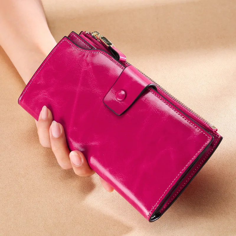 New style leather long ladies' purse rfid anti-theft swipe multi-card wallet vintage oil wax leather girl's handbag