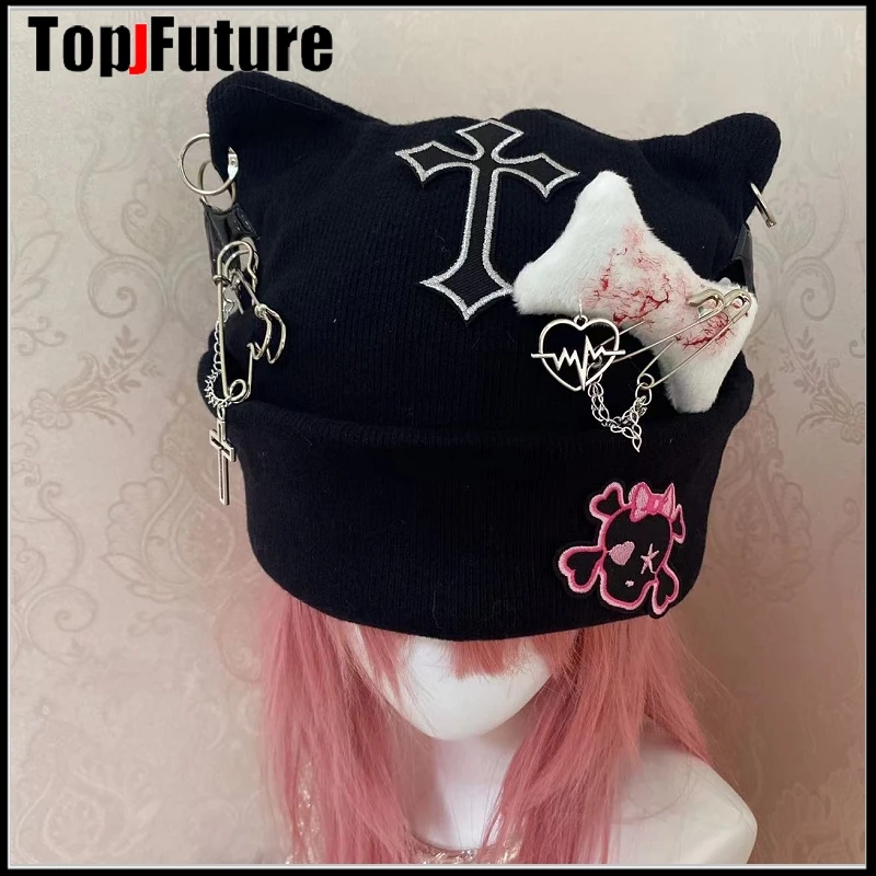 Harajuku Gothic Lolita Cat Ear Hat Women Punk  Cross Chain Subculture Spice Girl Beanie Hat Female Y2K Girls Accessories Cap