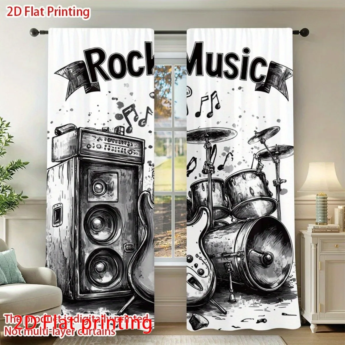 Rock Music Curtain, Vintage Speaker Drum Window Drape, Retro Band Instrument Decor, Black White Sketch Print Home Textile Fabric