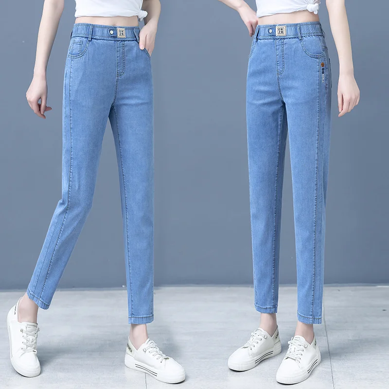 

Denim Straight Leg Harlan Pants Women's High Waist Slim Fit Ice Silk Nine Point Pants Autumn New Sle Thin Cotton Ela...