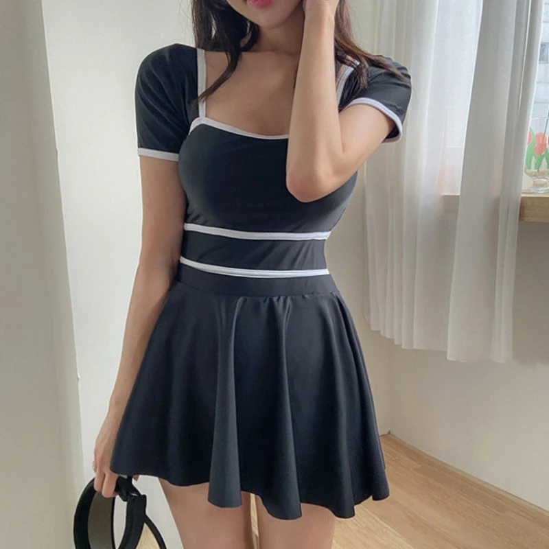 Korean One-piece Swimsuit Women Backless Tummy Control Swimwear with Beach Mini Skirt 2pc Bikini Set Swimwear Sexy Bathing Suit