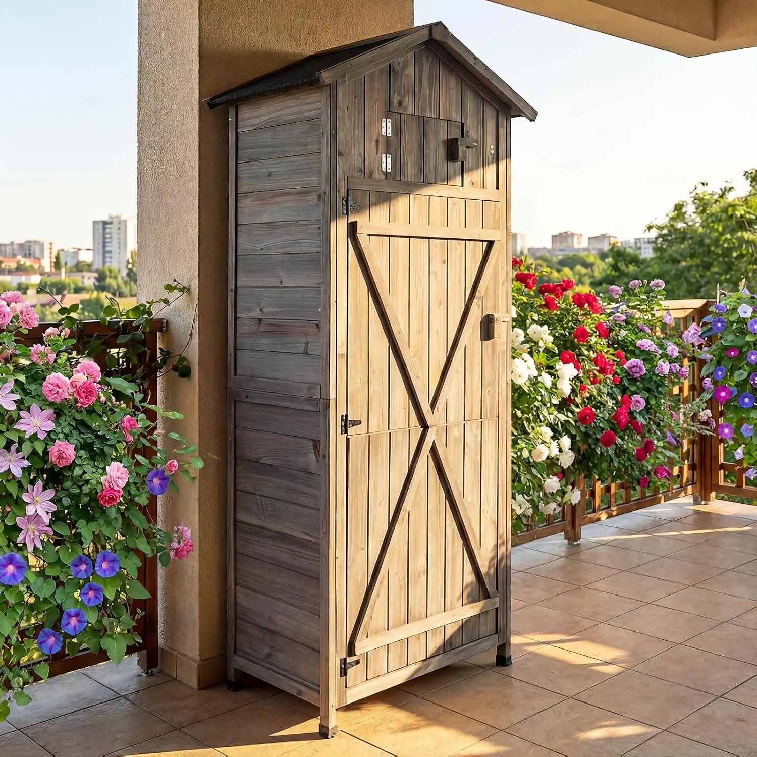 All-in-One Storage Shed, 70" Tall Wooden Lockable Cabinet w/Foldable Work Table, Vertical Utility Tool Organizer w/Shelves