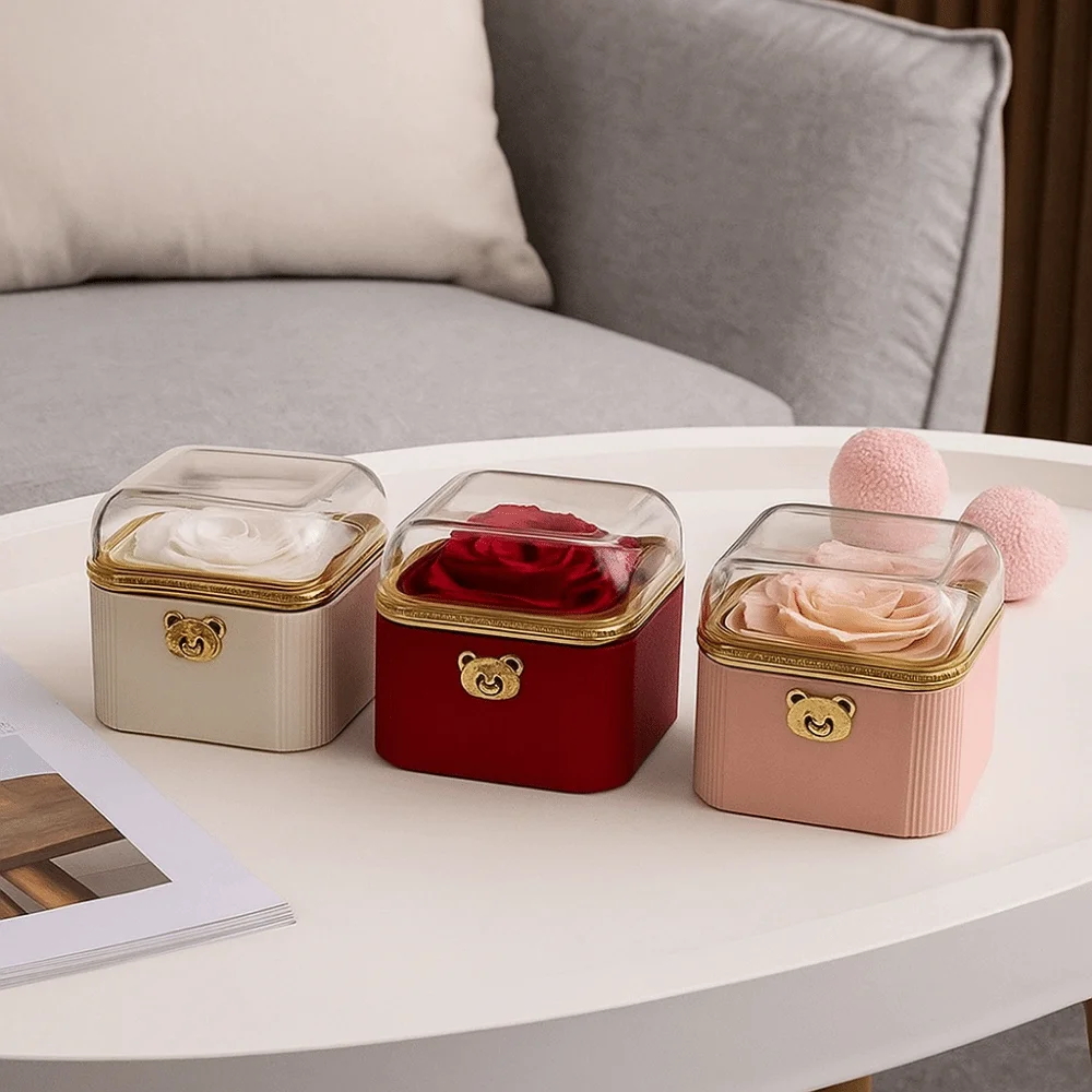 

Cute Flip Necklace Box Romantic Automatic Rotating Rose Box Plastic Dustproof Surprise Jewelry Storage Box Proposal Artifact