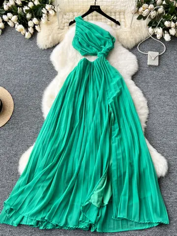 Women Sexy Elegant Solid Chiffon Diagonal Neck Long Dress Summer Sleeveless High Waist Pleat Bohemian Beach Vacation Party Robe