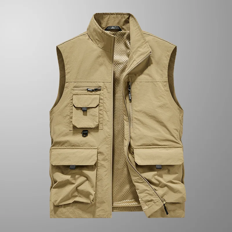 Men's Large Size Quick-Drying Vest Sleeveless Stand-Up Collar Multi-Pocket Workwear Waistcoat for Spring And Autumn