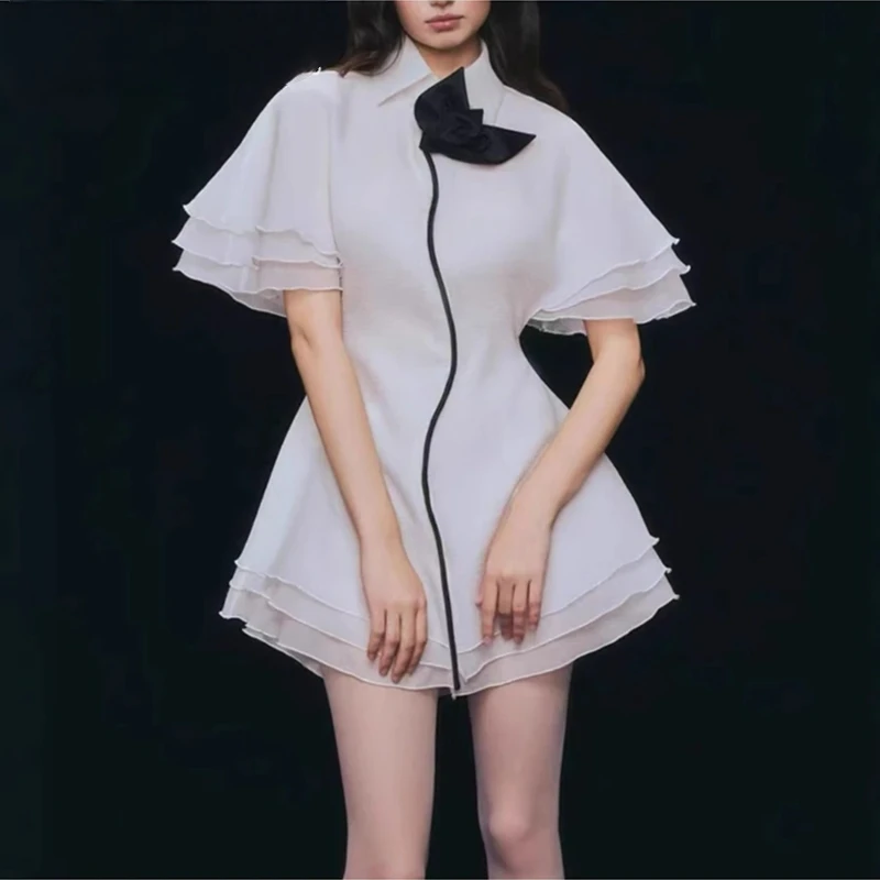 

Hti Color Slimming Spliced Appliques Dresses for Women Lapel Short Sleeves Patchwork Ruffles Elegant Dress Female