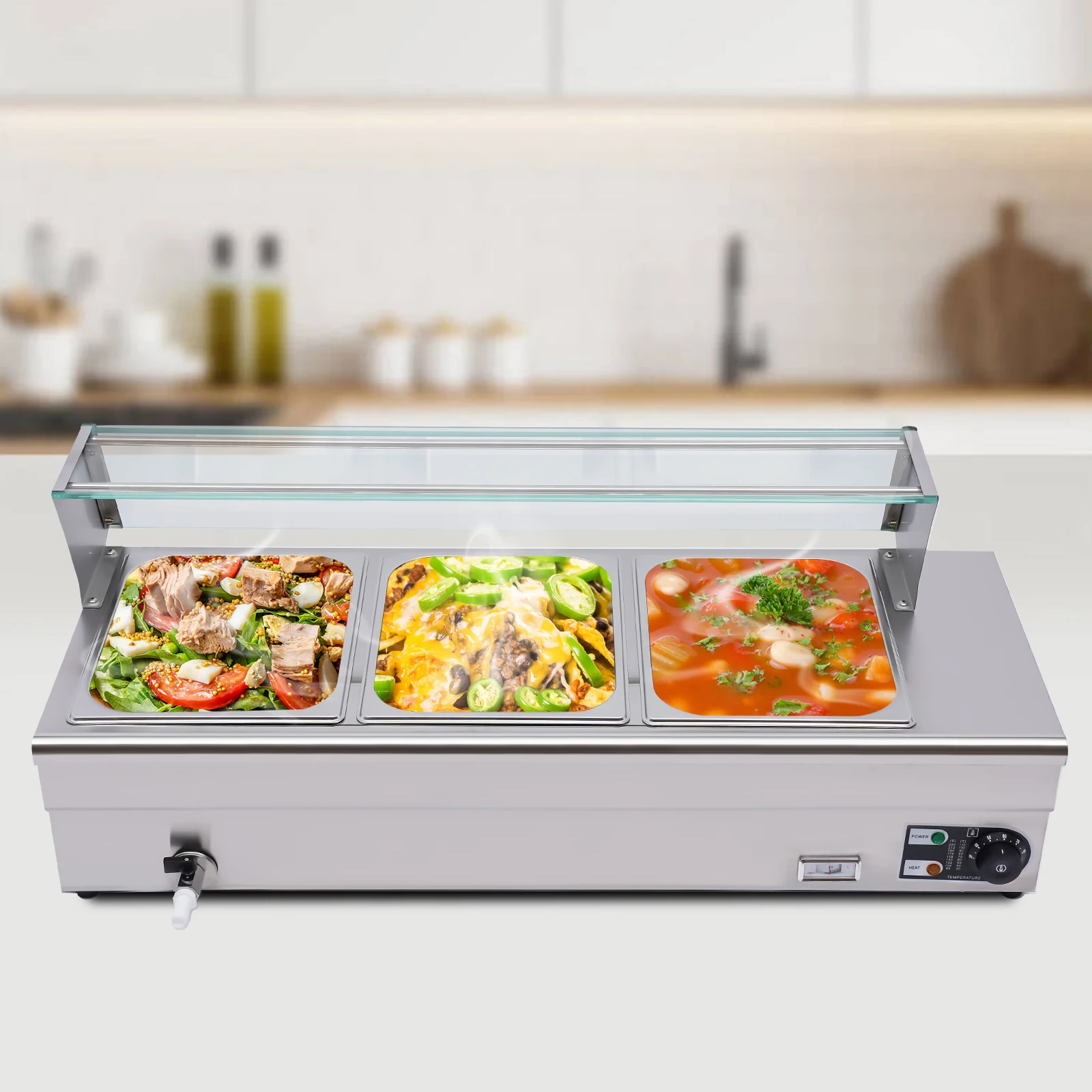 110V  Food Warmer 3 Pan x 1/2 GN, Food Grade Stainelss Steel Commercial Food Steam Table 2.3-Inch Deep