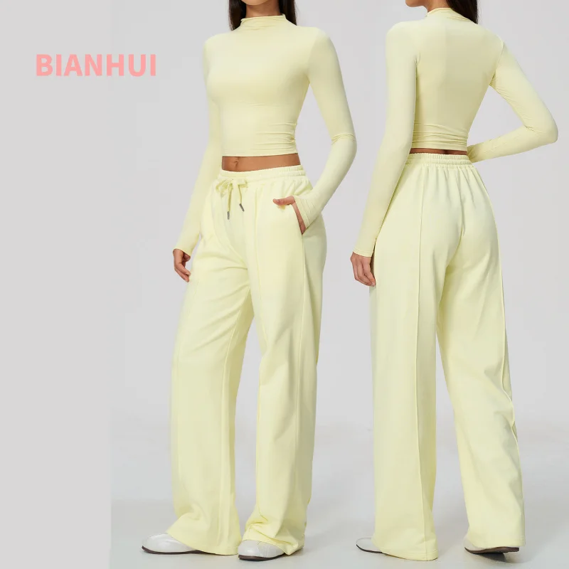 Women High Neck 2 Piece Yoga Sports Suit Slim Fit Long Sleeve Crop Top Loose Wide Leg Sweatpants With Pockets Daily Wear