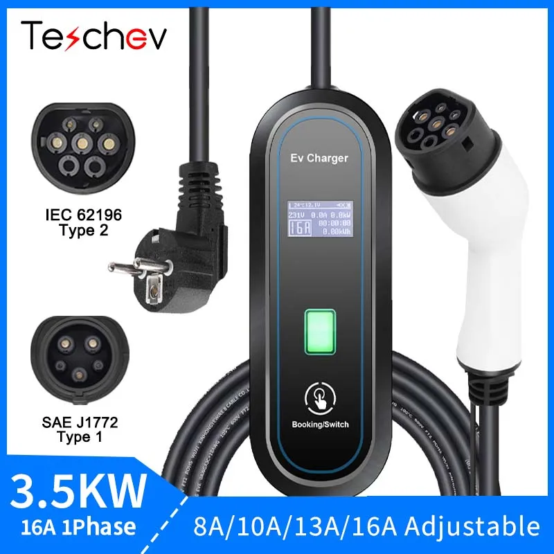 Portable EV Charger Type2 IEC 62196 / GB/T Plug Connector 16A 1Phase 3.5KW Type 1 Wallbox Charging Station for Electric Vehicle