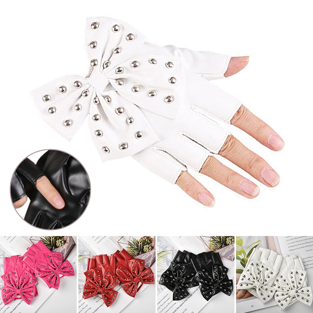 Half Finger Mittens Leather Gloves Big Bow Fingerless Gloves Classic Rivet Party Show Women Fashion High Quality Dancing Gloves