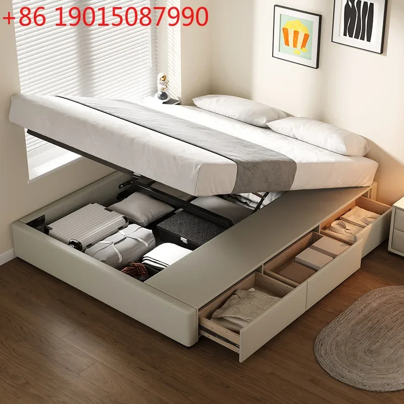 

No bedside modern simple box storage bed with drawer row skeleton bed frame tatami cream wind leather art bed