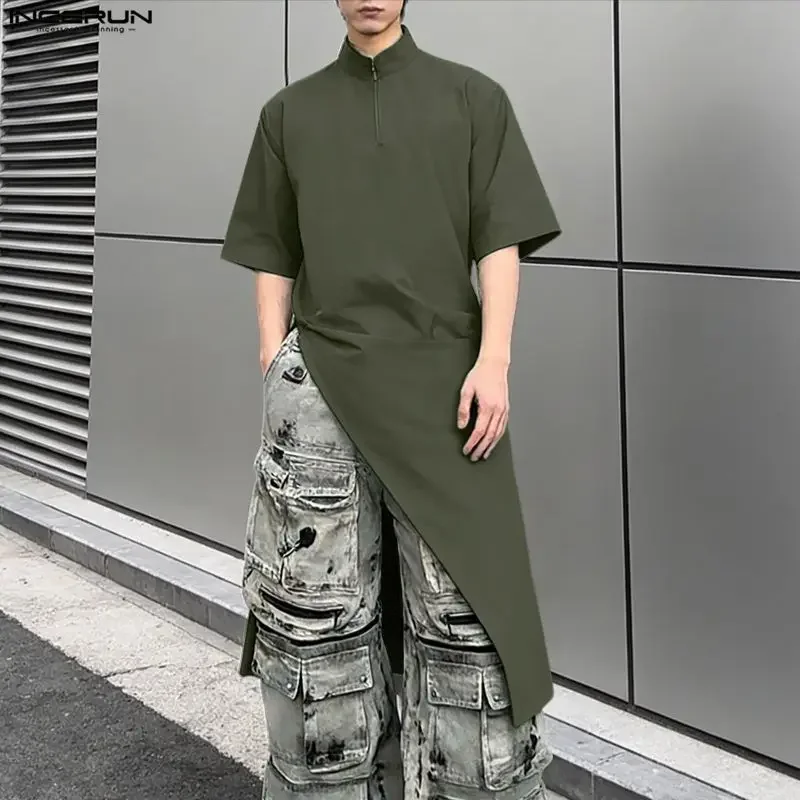 INCERUN Men's Long Style Shirt Solid Color Stand Collar Short Sleeve Men Clothes Tops Streetwear Vintage Casual Shirts For Man