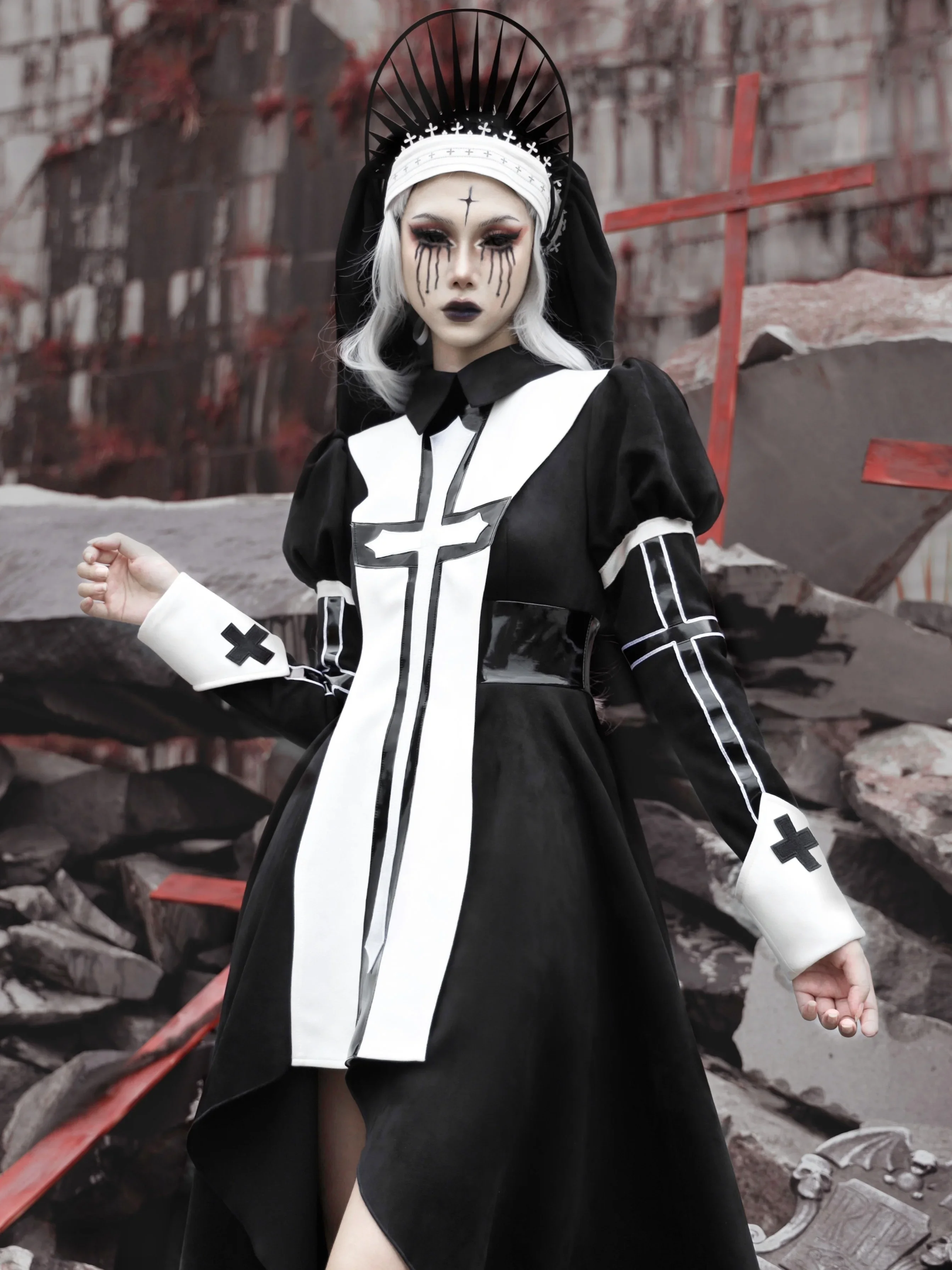 Blood Supply Original Nun Cross Goth Dress Long Sleeve Suede PU Leather Patch Asymmetric Black Dress Halloween Dark Dress Autumn