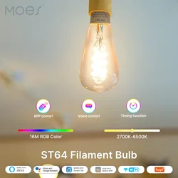 MOES Tuya WiFi Smart ST64 Edison LED Light Bulbs 16 Million RGB Color Changing 2700K-6500K Dimmable Work with Alexa/Google Home