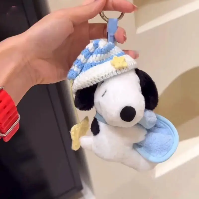 Kawaii Snoopy Plush Doll with Sleep Hat Soft Stuffed Figure Bag Hanging Pendant Cute 12Cm Ornament Collectible Decor Gift