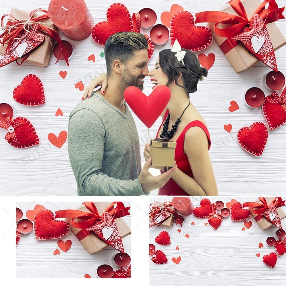 Valentine's Day Wooden Photography Backdrops February 14 Red Love Heart Background Candle Photography Background Photo Studio