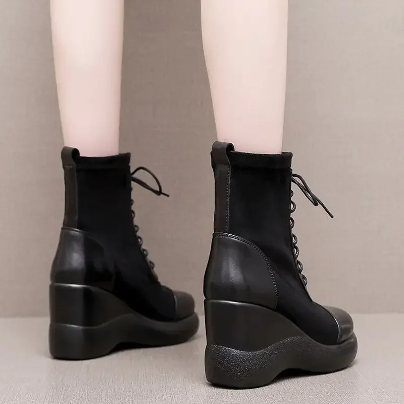 8cm Small Size 32-43 Flexible Frosted Leather Platform Wedges Shoes Ankle Boots 2024 High Heels Stretch Boots Women Office Mom