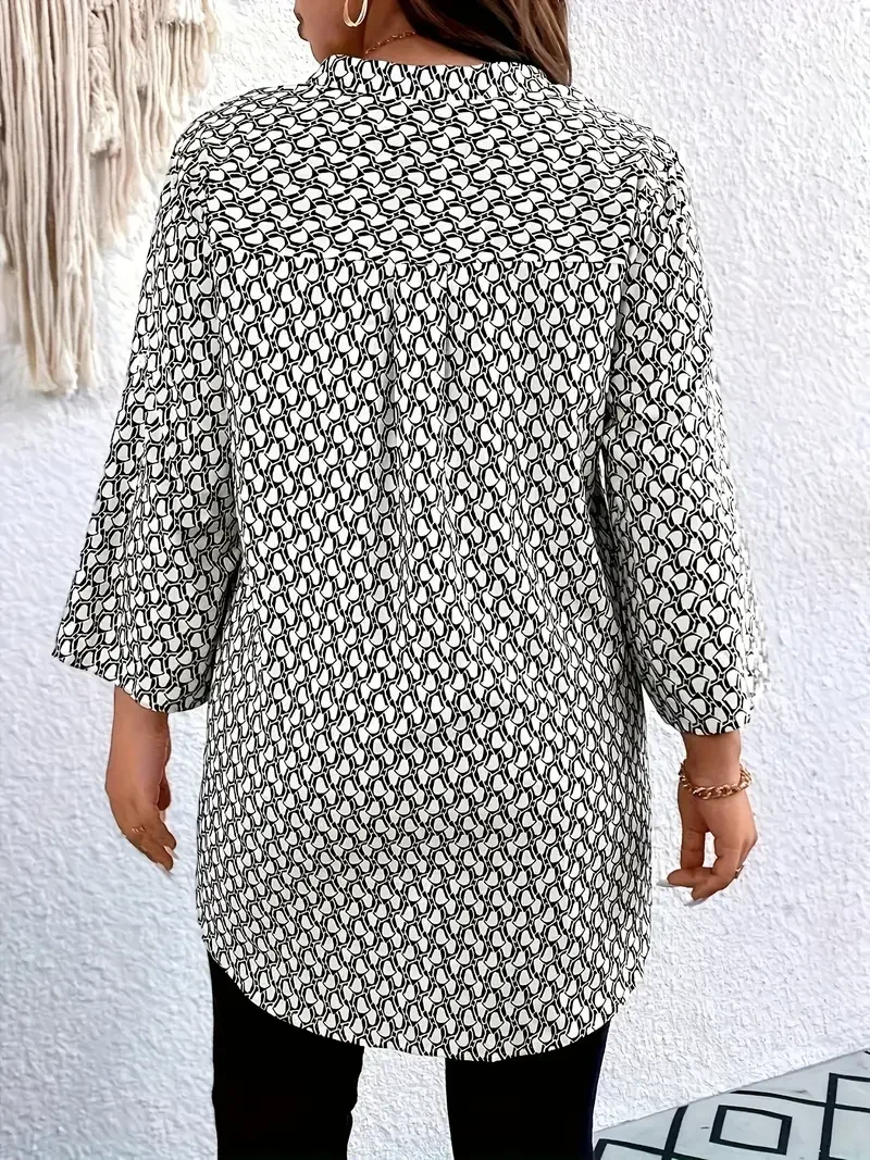 Plus Size 1XL-5XL Damska bluzka z nadrukiem na całej powierzchni i dekoltem Casualowa bluzka z rękawem 3/4 na wiosnę i jesień Odzież damska w dużych