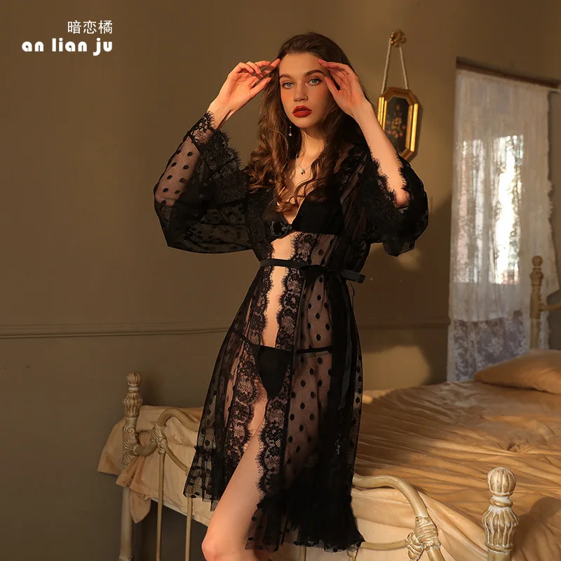 

3 шт./компл., черный цвет, комплект сексуального нижнего белья больших размеров, модный прозрачный халат в горошек, бикини, соблазнительная сетчатая кружевная одежда для сна для женщин