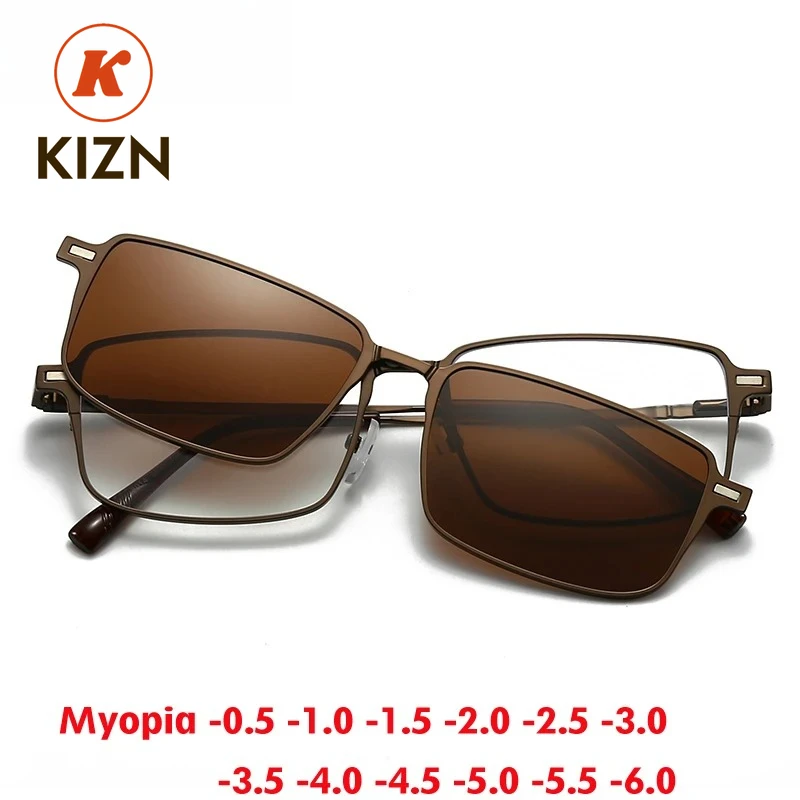

KIZN 2 in 1 Magnetic Clip Men Polarized Myopia Sunglasses Suit Square Business Prescription Women Glasses Frame -0.5 to -6.0