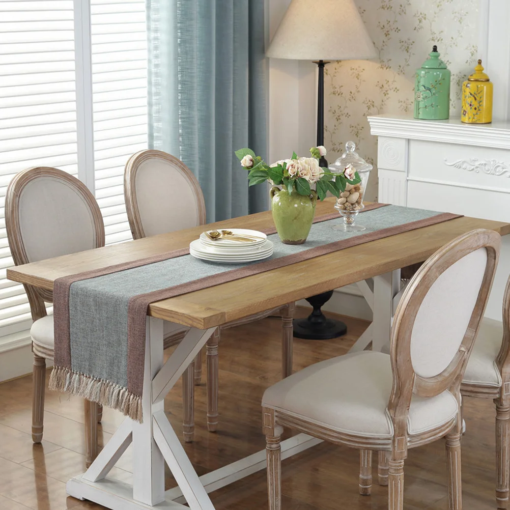 Double Tassel Table Cloth Cotton Linen Design for Party Decoration Warm Atmosphere Blue Size 1 Party Table Cloth