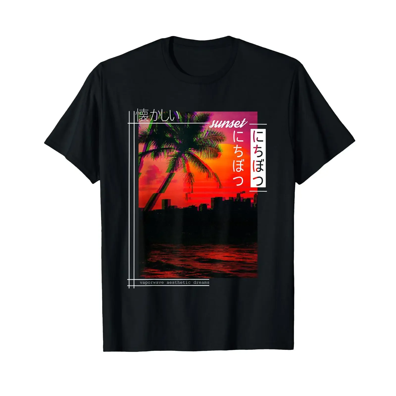 Japanese Vaporwave Glitch SunseT T Shirt Aesthetic Streetwear vintage Washed Stylish Unisex Comfortable Stretched Slightly