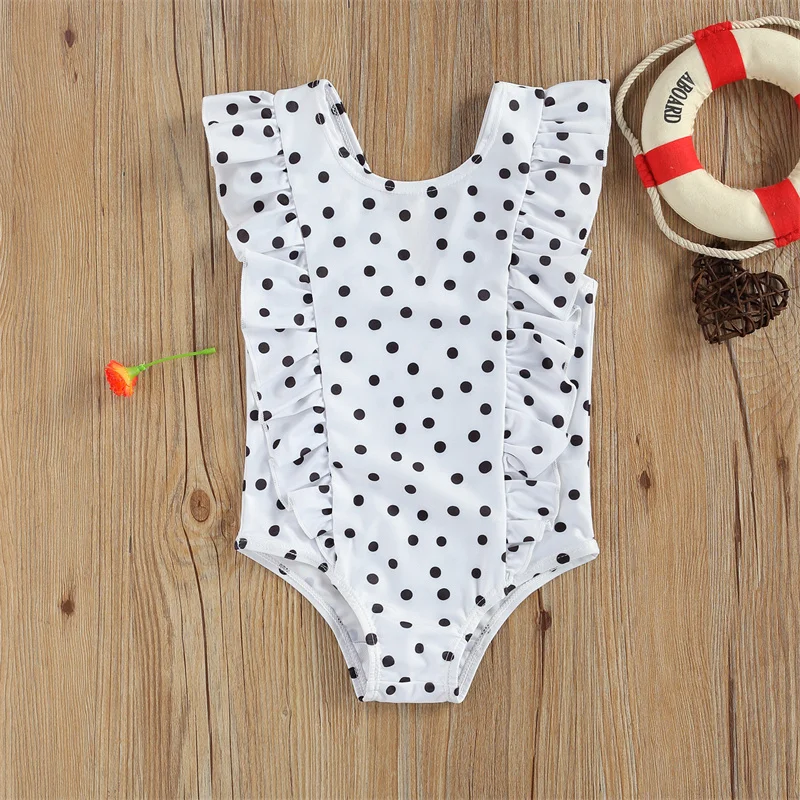 Toddler Baby Girls Swimsuit Summer Children Fashionable Black/White Wave Point Sleeveless Swimwear for Vacation