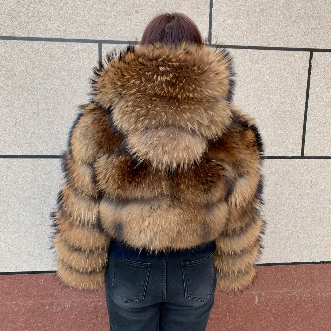New Women's Raccoon Fur Coat Luxury Multiple Short and Hooded Natural Raccoon Fur Women's Jacket Winter