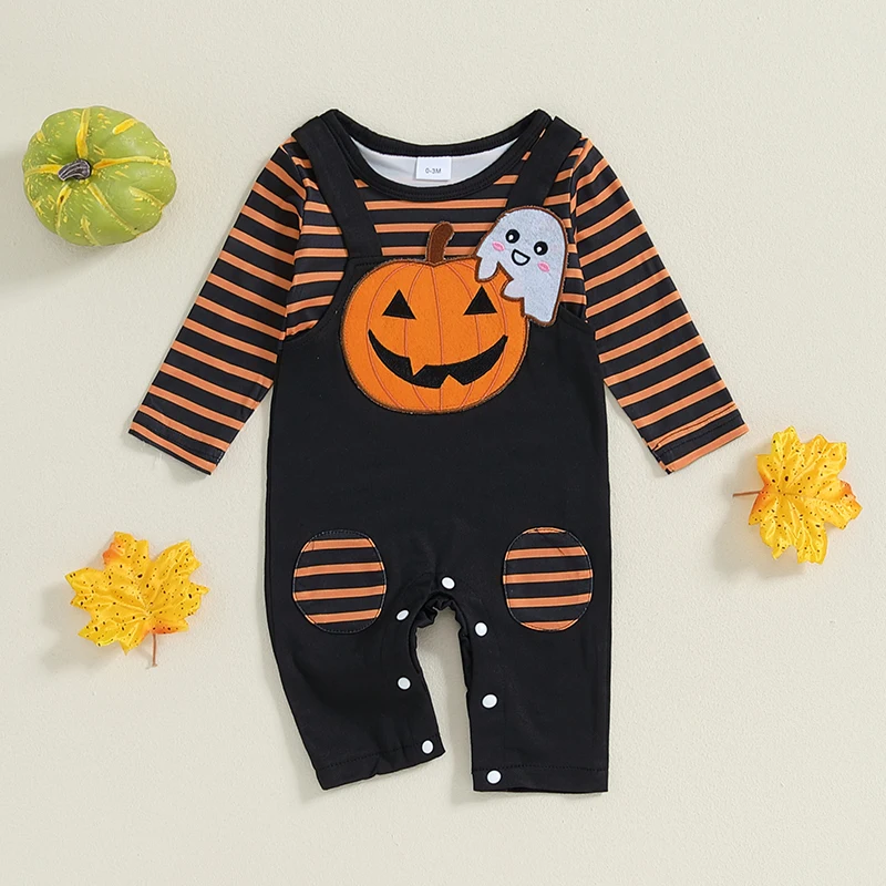 Baby Halloween Romper Casual Striped Print Embroidery Toddler Long Sleeve Jumpsuit for Newborn Girl Boy Cute Clothes