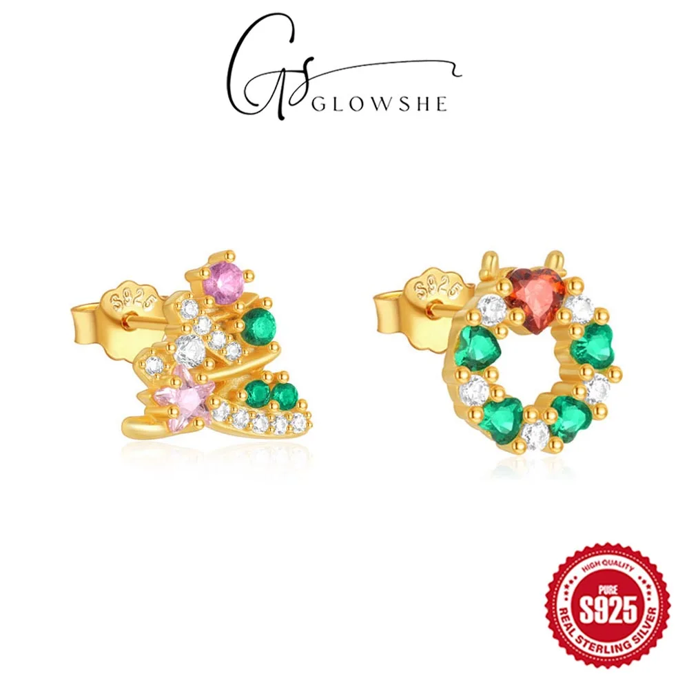 

Glowshe 925 Sterling Silver Zircon Christmas Tree Wreath Earrings 1PCS Christmas Party Designer Fine Jewelry Charm Jewelry Gift
