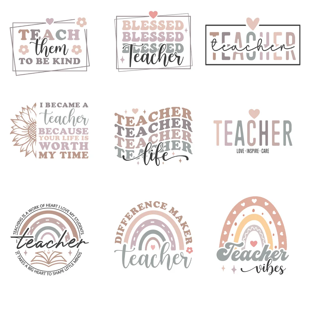 9 peice Teachers 'day Heat Transfer fai da te per borsa vestiti Iron on Transfers T Shirt Thermo Stickers toppa personalizzata