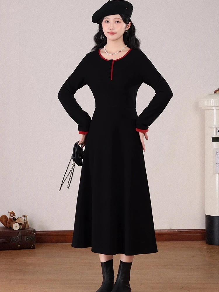 

ALXNAN Women's Black Long Dress Autumn Winter Elegant Long Sleeve Knitted Dresses Office Lady Slim-fit Female Clothing DYL661635