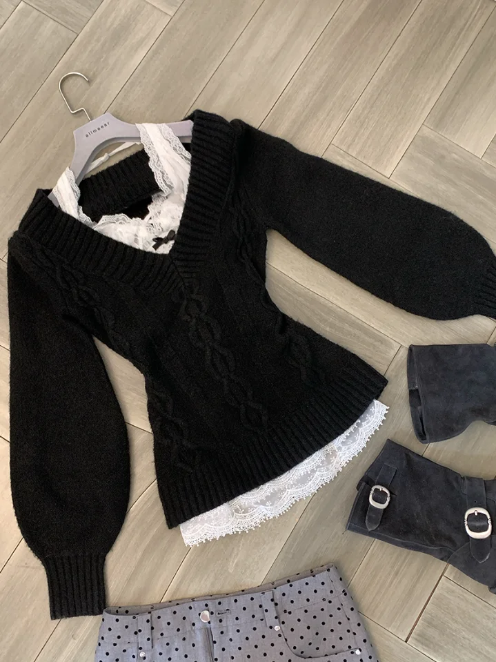 Korean Fashion Vintage Cable-knit Sweaters Women V-neck Long Sleeve Knit Pullovers 2025 New Y2k Punk Grunge Jumpers 2000s