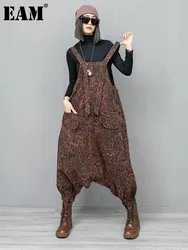 [EAM] High Waist Leopard Print Denim Pocket Big Size Overalls Wide Leg Jeans New Women Fashion Tide Spring Autumn 2024 1DH6428