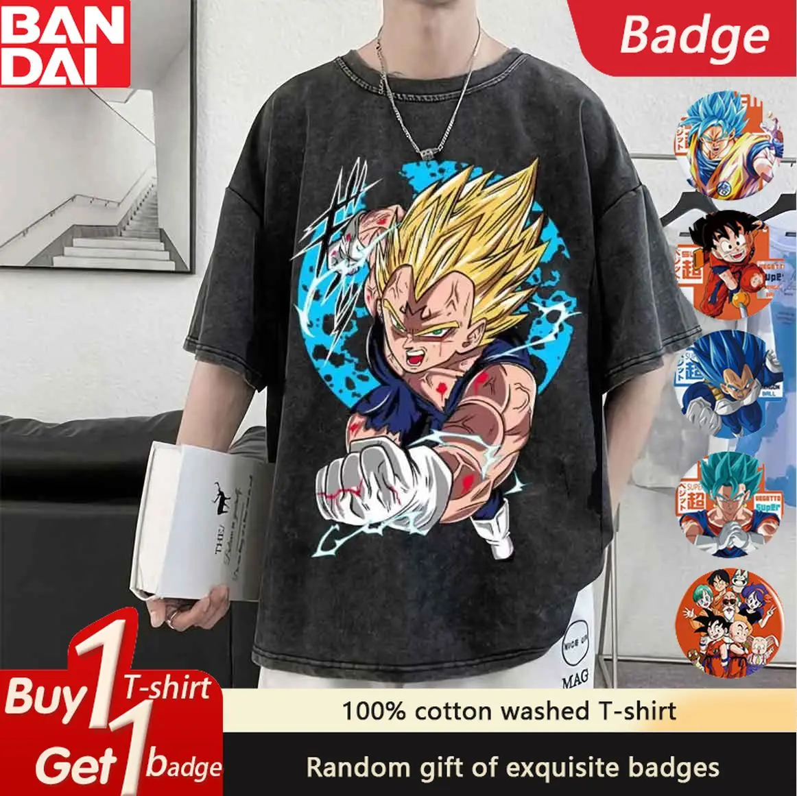 

Bandai Dragon Ball Print Oversized T-shirts Man Summer Y2k Clothes Vintage Washed Short Sleeved Tee Casual Streetwear Tops Anime