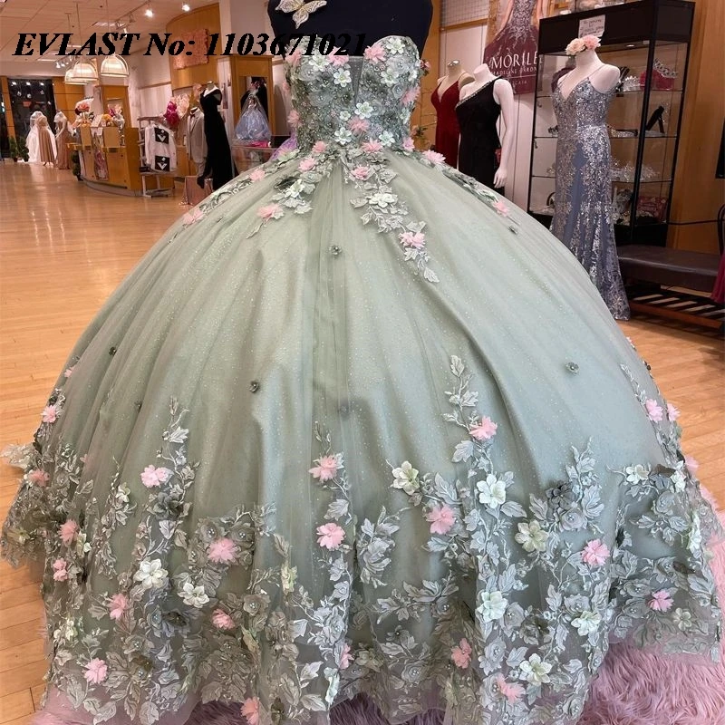 

EVLAST Shiny Mint Green Quinceanera Dress Ball Gown Pink 3D Flowers Applique Beading Corset Sweet 16 Vestidos De XV 15 Anos SQ28