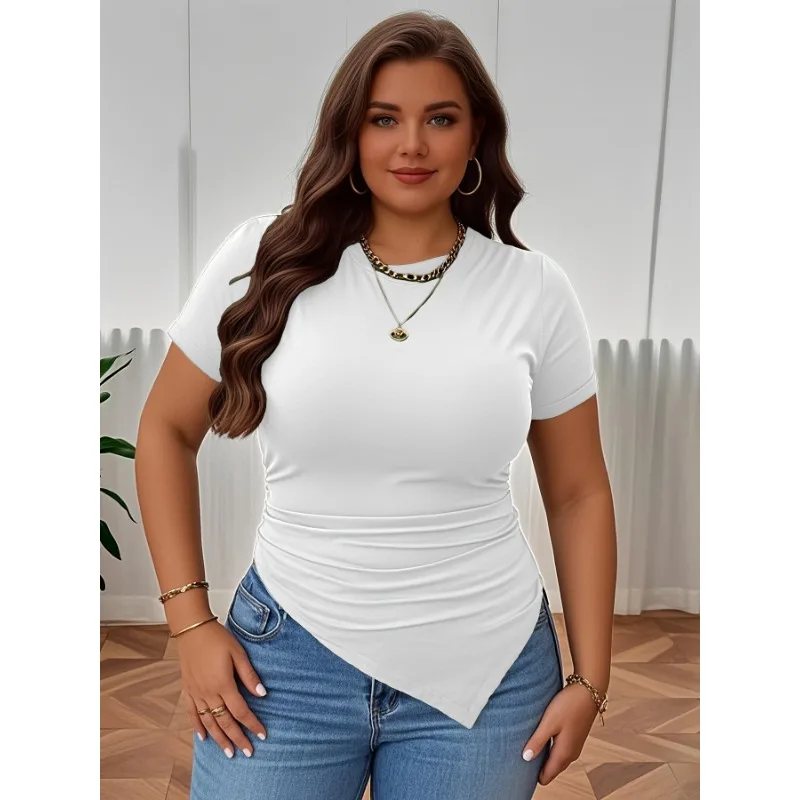 Plus Size New Women's Clothing Ins Minimalist Style Round Neck T-shirt Slim Fit Temperament Solid Color Top Blouses Woman image 2