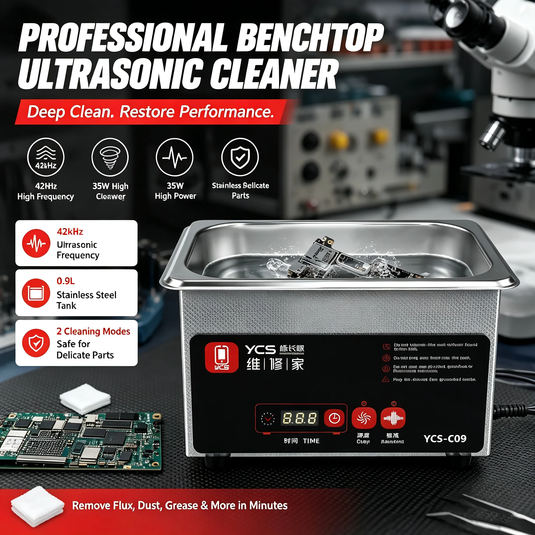 YCS C09 35W 0.9L Professional Benchtop Ultrasonic Cleaner for Mobile Phone PCB Motherboard Chip IC Cleaning Dust Removal Tools