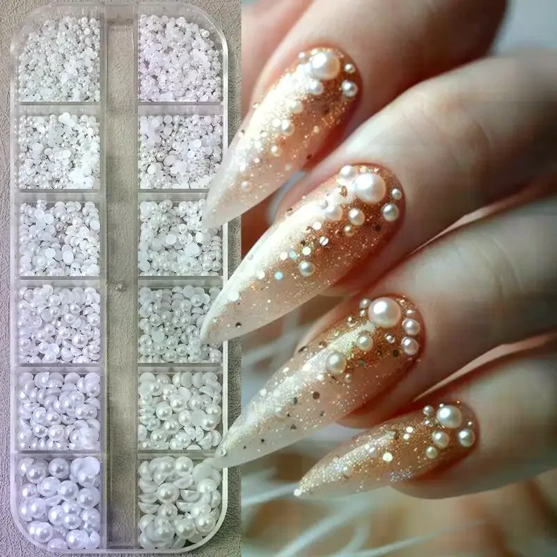 12 Grid Mixed Flat Bottomed Pearl Half Round Rhinestones 3D Nail Decoration Nail Jewelry Nail Charm Manicure Art