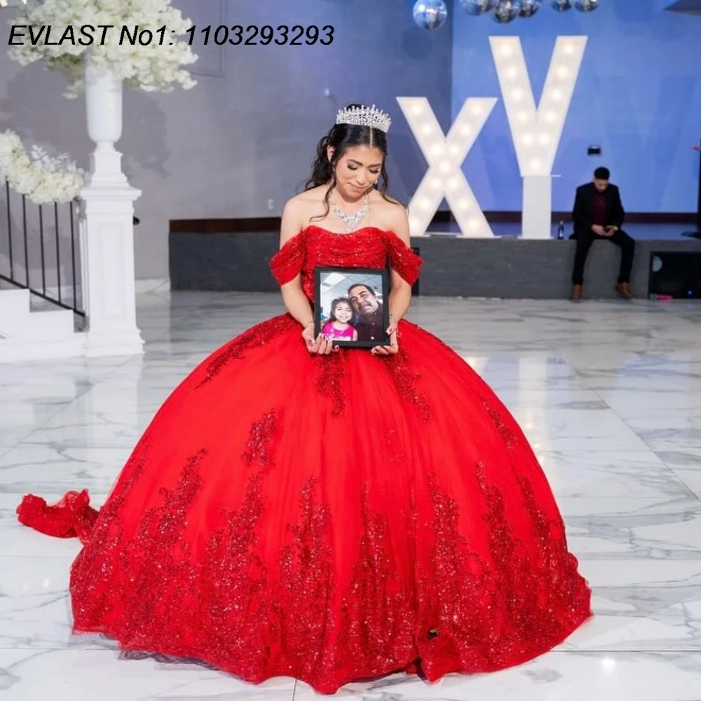 

EVLAST индивидуальное мексиканское красное платье Quinceanera, бальное платье с блестками, кружевная аппликация, бант из бисера, сладкий 16, Vestidos De 15 Anos E1QN471