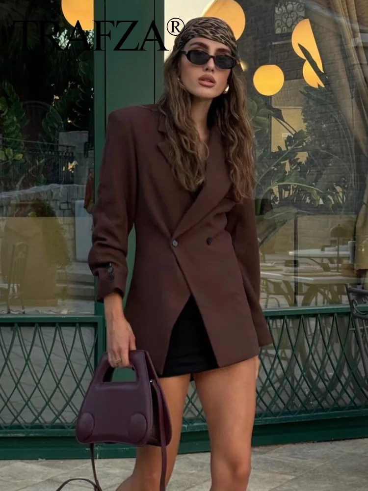 TRAFZA Woman Casual Lapel With Pocket Office Blazer 2024 Fashion Female Cuff Buttons Long Sleeve Jacket High Streetwear