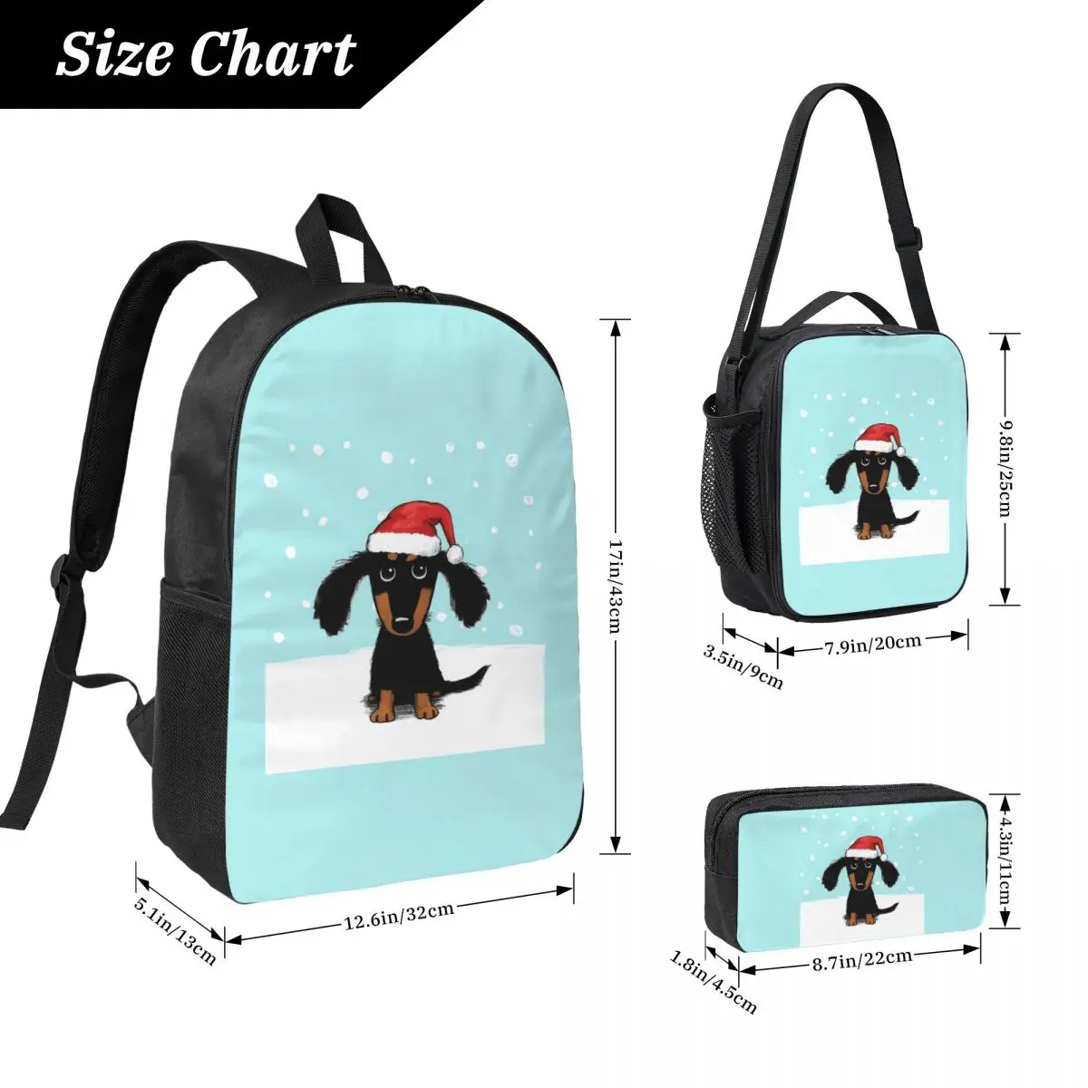 Ransel Santa Anjing Wiener Musim Dingin Natal Dachshund Lucu Tas Buku Anak Laki-laki Perempuan Tas Sekolah 3Ps Tas Makan Siang Terisolasi Kotak Pensil