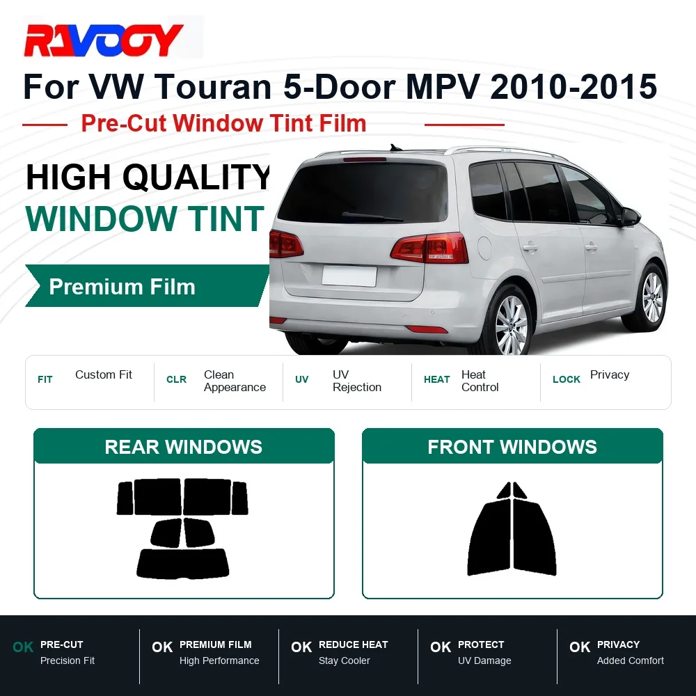 Image of Premium Vorgefertigte Fensterfolie für VW Touran 5-Türer MPV 2010-2015 Vorder- und Heckscheiben UV-Wärmeabweisende Sichtschutzfolie